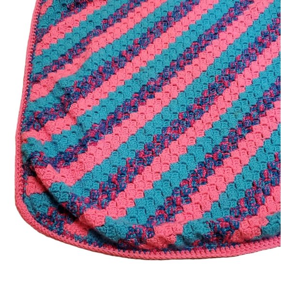 Vintage Crochet Pink Blue Diagonal Stripe Afghan Blanket Throw Granny Square 48" - Picture 3 of 6